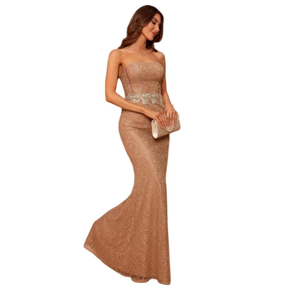 Boutique Lace Strapless Mermaid Hem Semi Formal Dress Size XS Champagne Gold NWT